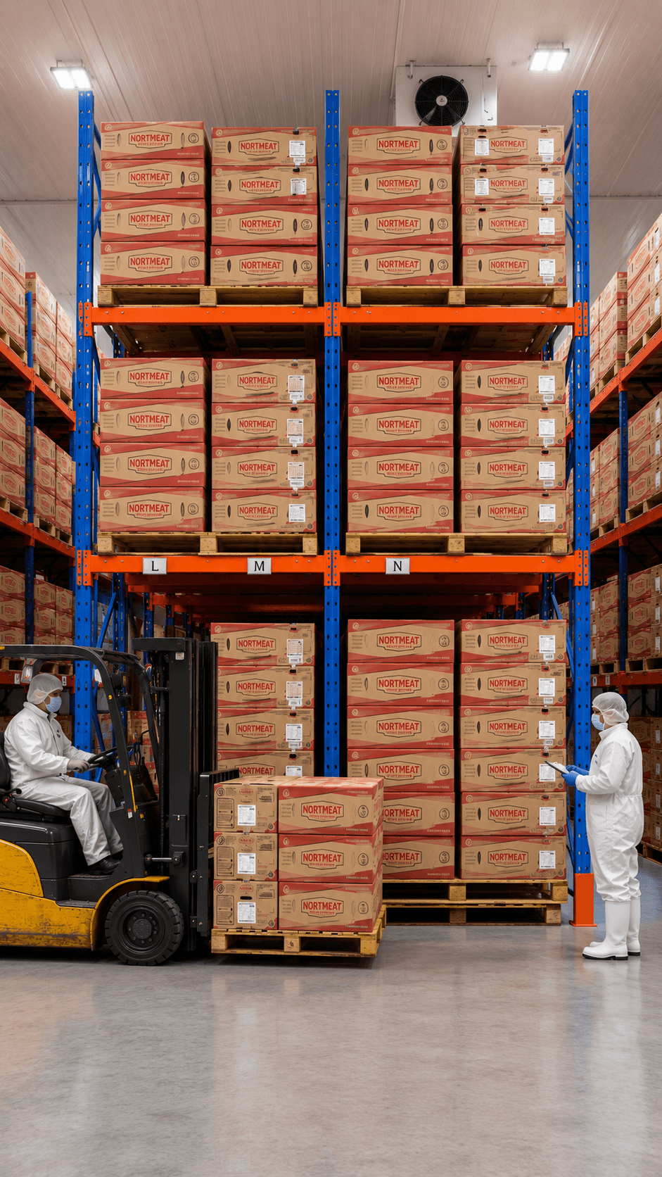 Warehouse racks stacked with NORTMEAT-branded boxes inside a refrigerated facility.