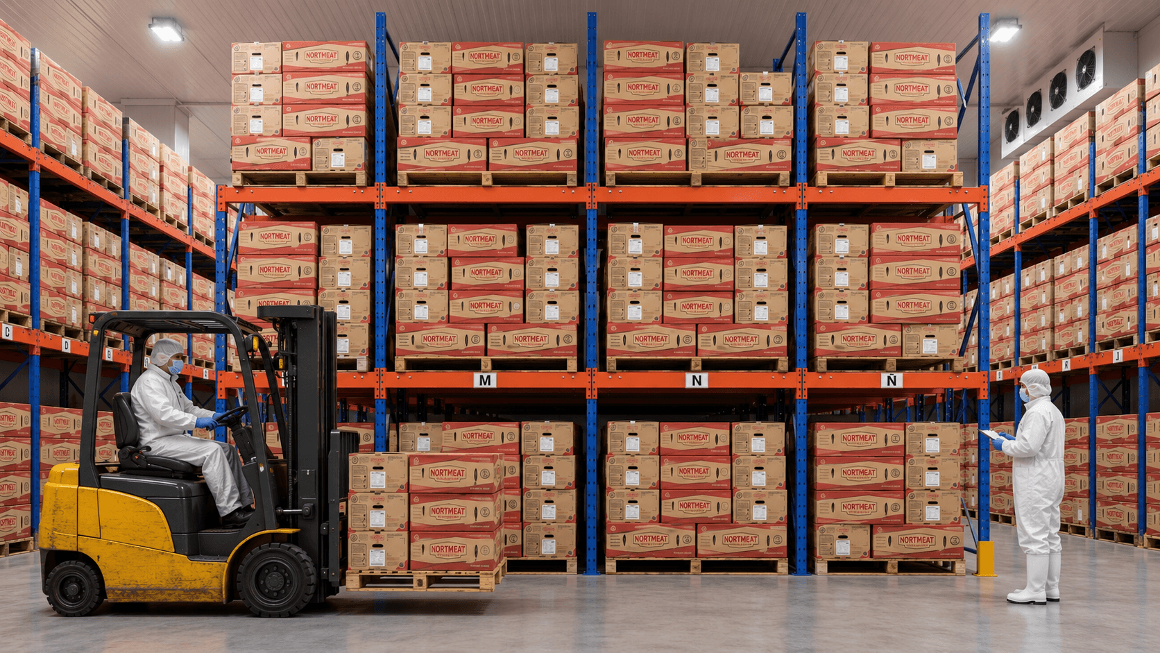 Warehouse racks stacked with NORTMEAT-branded boxes inside a refrigerated facility.