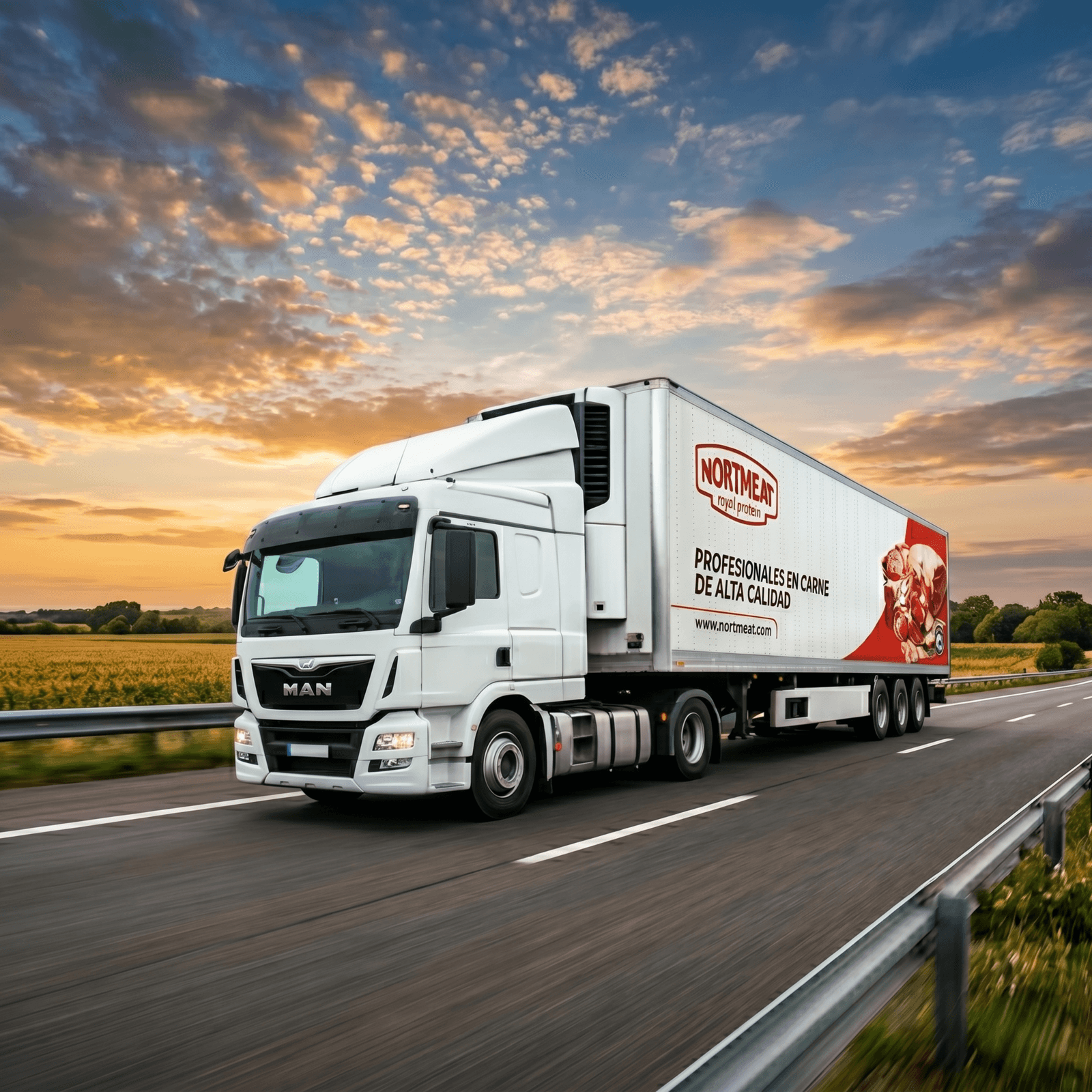 Refrigerated truck in transit.