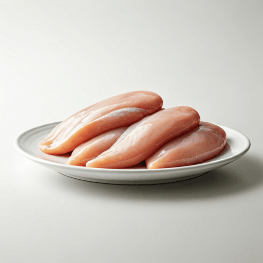 Fresh boneless chicken breasts on a minimalist white plate.