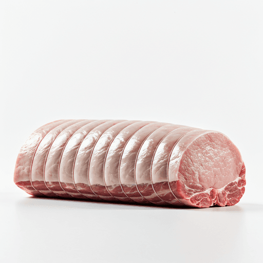 Trimmed whole pork loin on a minimalist white surface.
