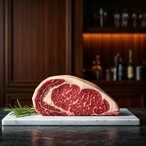 Thick-cut Heritage Reserve Ribeye steak with editorial lighting on marble.